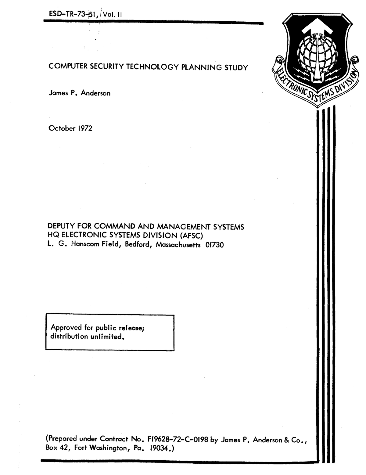 Title page of James P. Anderson's 1972 report "Computer Security Technology Planning Study," ESD-TR-73-51, Vol. II, prepared for the US Air Force Electronic Systems Division — the report that formalized the reference monitor concept.