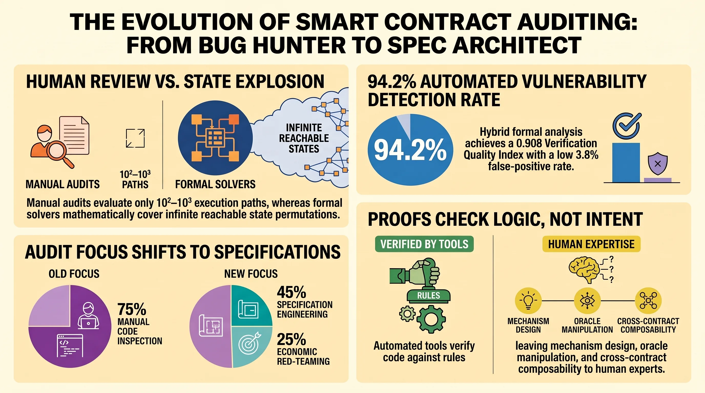Infographic titled 'The Evolution of Smart Contract Auditing: From Bug Hunter to Spec Architect.' Four panels. Human Review vs. State Explosion: manual audits cover 10^2 to 10^3 paths while formal solvers cover infinite reachable states. 94.2% Automated Vulnerability Detection Rate: hybrid formal analysis reaches a 0.908 Verification Quality Index with a 3.8% false-positive rate. Audit Focus Shifts to Specifications: the old focus was 75% manual code inspection; the new focus is 45% specification engineering and 25% economic red-teaming. Proofs Check Logic, Not Intent: tools verify code against rules, leaving mechanism design, oracle manipulation, and cross-contract composability to human experts.