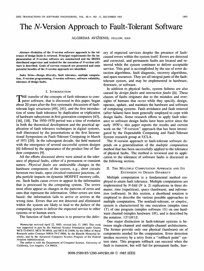 First page of Algirdas Avižienis's 1985 paper "The N-Version Approach to Fault-Tolerant Software," IEEE Transactions on Software Engineering, Vol. SE-11, No. 12, December 1985, page 1491 — the two-column title page with abstract and introduction.