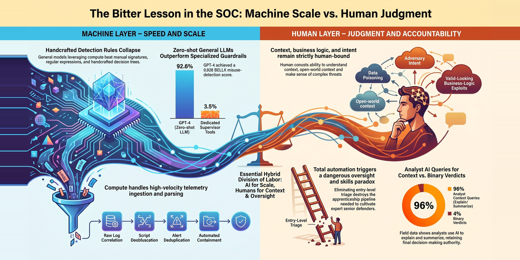 Cover illustration for the post, summarizing its argument: hand-written signatures and rules retiring as compute-scaled methods take over, the resulting alert queue landing on one analyst, and the judgment and accountability that remain human.