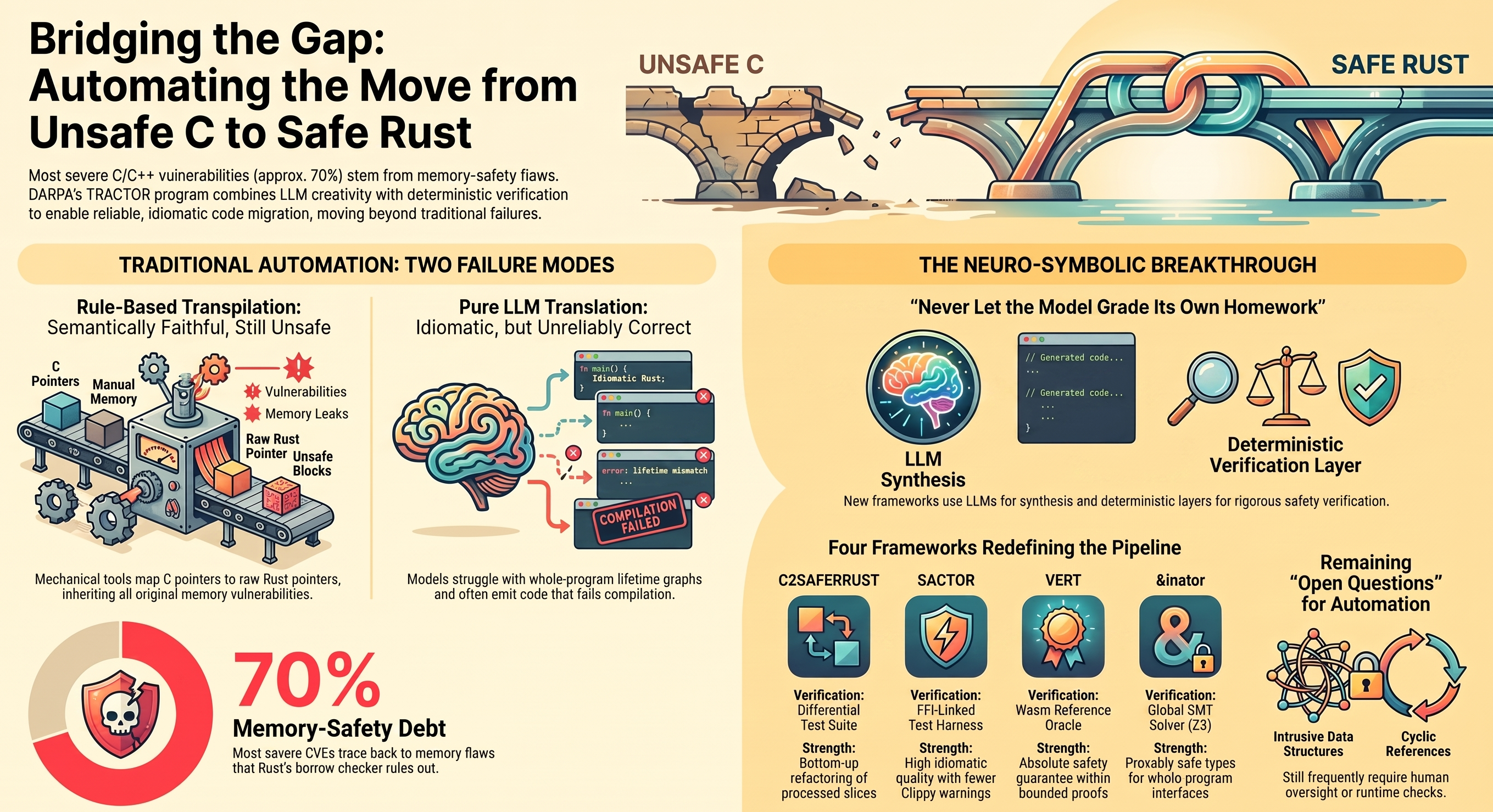 Infographic titled 'Bridging the Gap: Automating the Move from Unsafe C to Safe Rust.' A broken stone bridge labeled UNSAFE C is spliced to a repaired metal bridge labeled SAFE RUST by an interlocking joint. Left column, 'Traditional Automation: Two Failure Modes' — rule-based transpilation shown as a factory conveyor turning C pointers and manual memory into raw Rust pointers and unsafe blocks, still carrying vulnerabilities and memory leaks; pure LLM translation shown as a brain emitting idiomatic Rust snippets that intermittently fail with a lifetime-mismatch error and a compilation-failed stamp. Below that, a donut chart reading 70% memory-safety debt. Right column, 'The Neuro-Symbolic Breakthrough,' captioned 'Never Let the Model Grade Its Own Homework' — an LLM-synthesis icon feeding into a deterministic-verification-layer icon. Below it, 'Four Frameworks Redefining the Pipeline': C2SaferRust (differential test suite, bottom-up refactoring), SACTOR (FFI-linked test harness, high idiomatic quality), VERT (Wasm reference oracle, absolute safety guarantee within bounded proofs), and &inator (global SMT solver, provably safe types for whole-program interfaces). Bottom right, 'Remaining Open Questions for Automation' — intrusive data structures and cyclic references, noted as still frequently requiring human oversight or runtime checks.