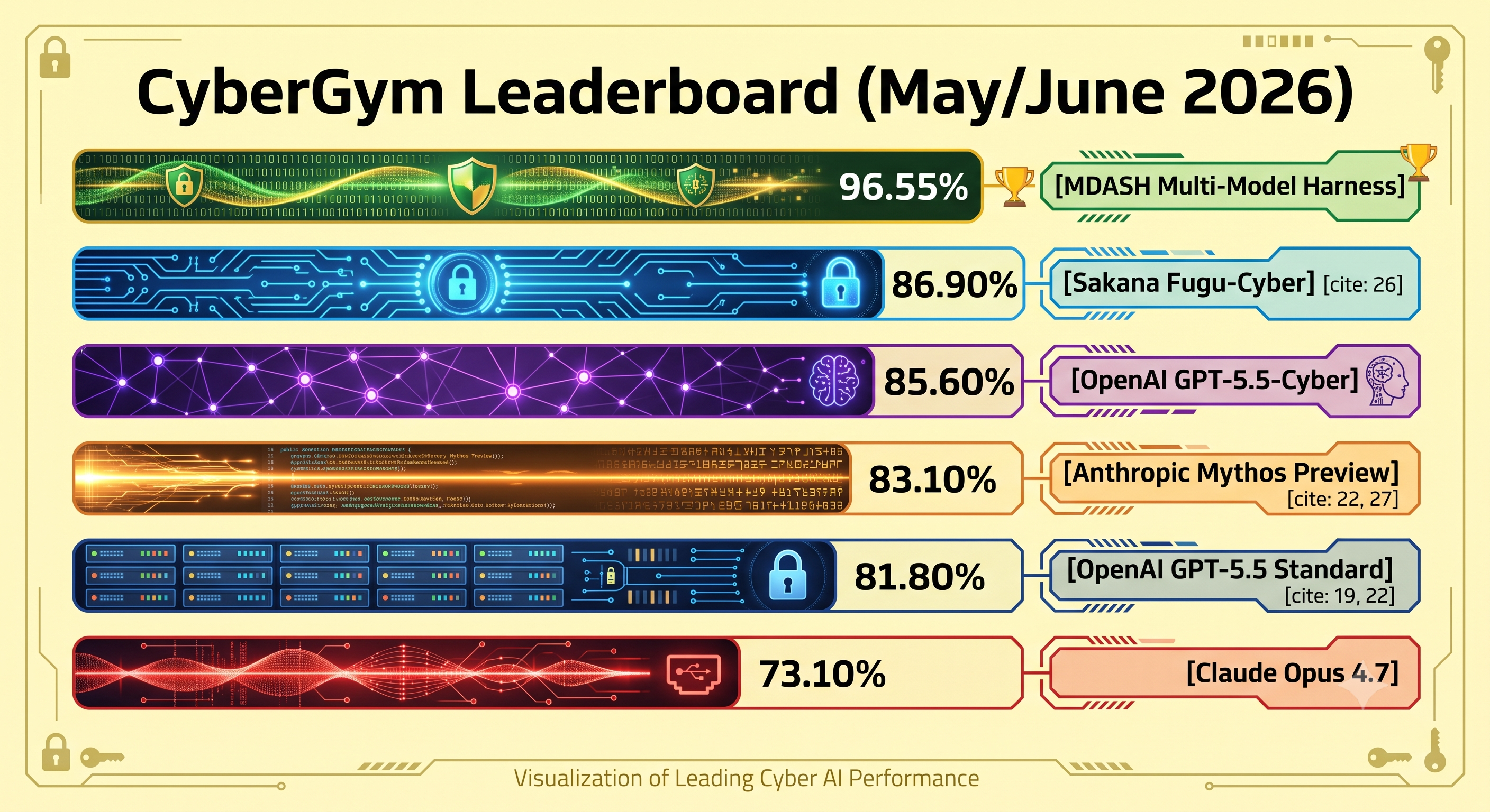 Bar chart ranking the CyberGym leaderboard for May/June 2026: MDASH Multi-Model Harness 96.55%, Sakana Fugu-Cyber 86.90%, OpenAI GPT-5.5-Cyber 85.60%, Anthropic Mythos Preview 83.10%, OpenAI GPT-5.5 Standard 81.80%, and Claude Opus 4.7 73.10%