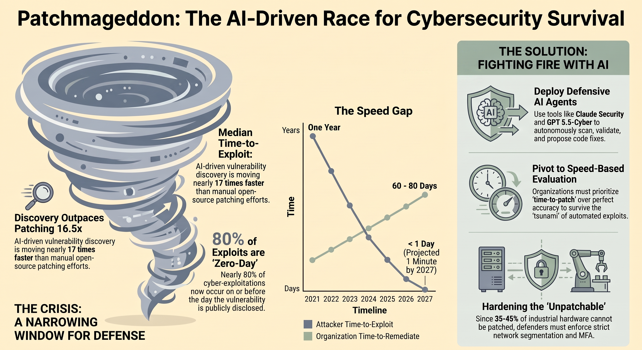Infographic titled 'Patchmageddon: The AI-Driven Race for Cybersecurity Survival.' Left: a tornado graphic under the heading 'The Crisis: A Narrowing Window for Defense,' noting AI-driven vulnerability discovery outpacing patching by roughly 16.5 times and that close to 80% of exploits are now zero-day, striking on or before public disclosure. Center: a line chart, 'The Speed Gap,' showing attacker time-to-exploit falling from about one year in 2021 toward under a day by 2027, against organization time-to-remediate climbing over the same period. Right: 'The Solution: Fighting Fire with AI' — deploying defensive AI agents like Claude Security and GPT-5.5-Cyber, pivoting evaluation toward time-to-patch, and hardening unpatchable legacy hardware with network segmentation.