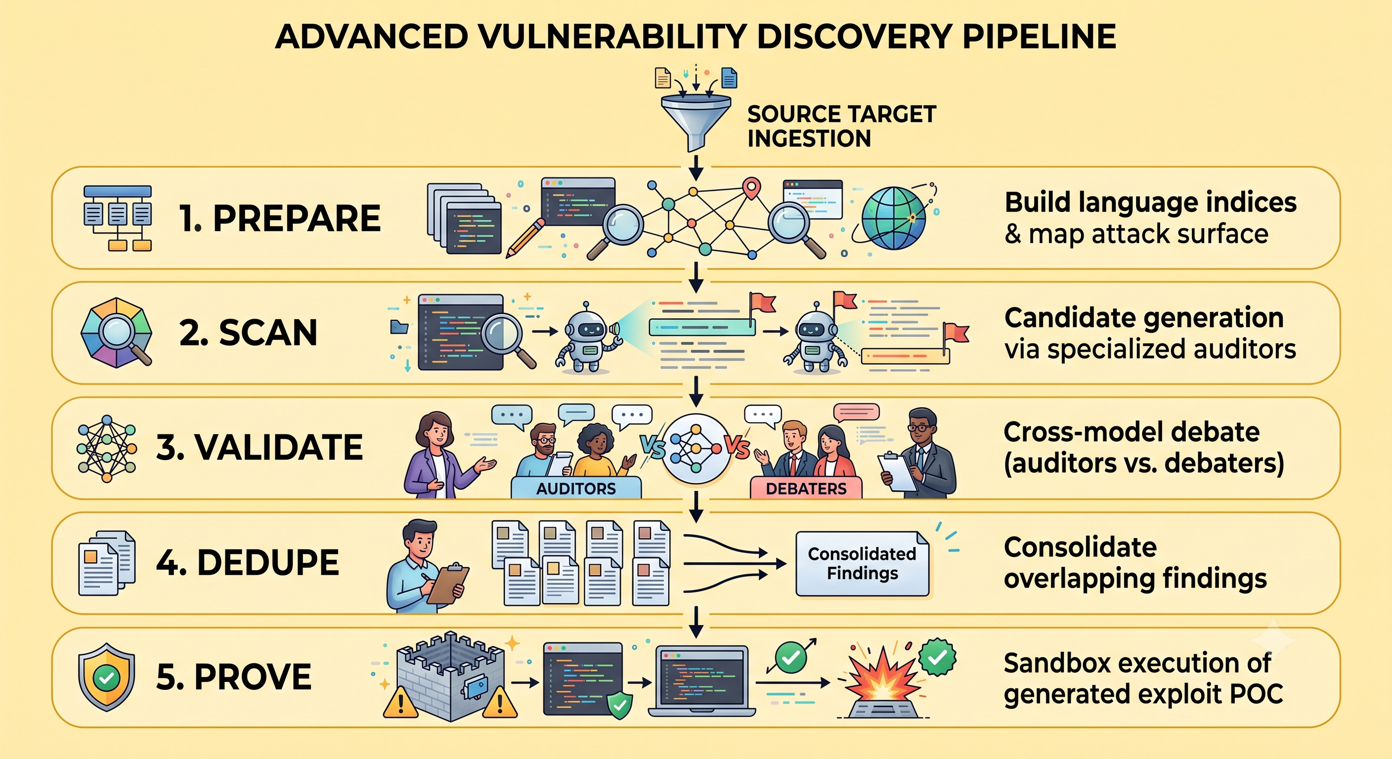 Five-stage advanced vulnerability discovery pipeline diagram: Prepare (build language indices and map attack surface), Scan (candidate generation via specialized auditors), Validate (cross-model debate between auditors and debaters), Dedupe (consolidate overlapping findings), and Prove (sandbox execution of generated exploit proof-of-concept)