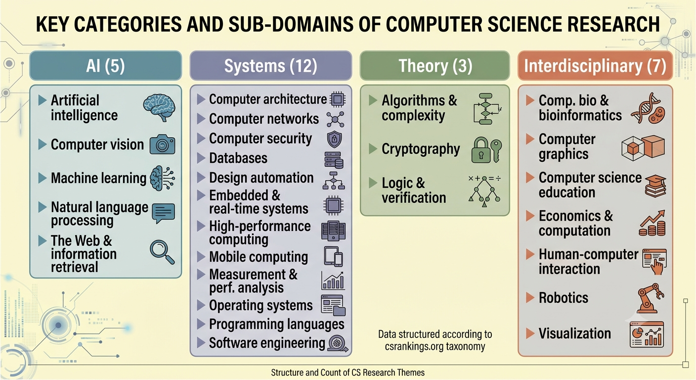 Key categories and sub-domains of computer science research per csrankings.org: AI (5 areas), Systems (12), Theory (3), Interdisciplinary (7) — 27 total.