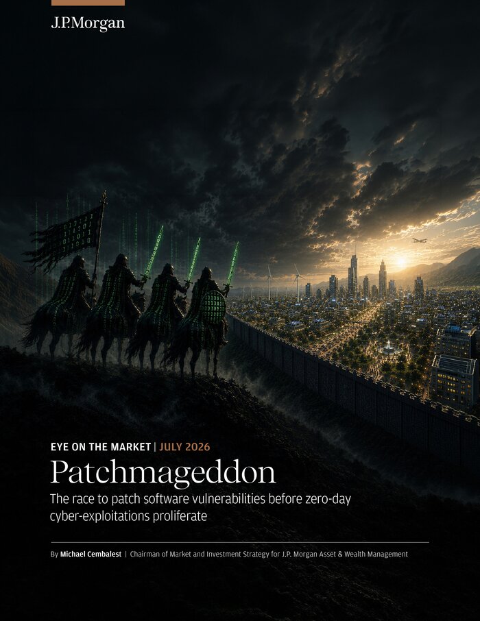 Cover page of J.P. Morgan's Eye on the Market report, 'Patchmageddon: The race to patch software vulnerabilities before zero-day cyber-exploitations proliferate,' July 2026, by Michael Cembalest — illustration of four cloaked riders on horseback overlooking a lit city skyline at night.