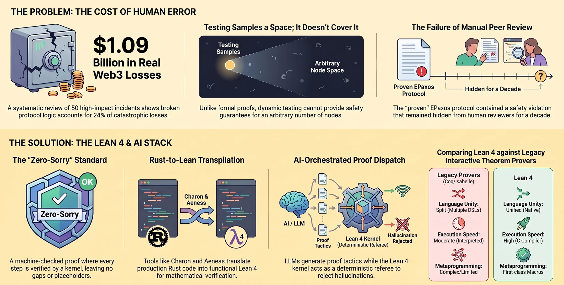 Infographic titled 'The Problem: The Cost of Human Error' and 'The Solution: The Lean 4 and AI Stack.' Left, three problem panels: a cracked safe beside a '$1.09 Billion in Real Web3 Losses' statistic, illustrating the scale of catastrophic losses across the space; a spotlight-in-darkness illustration captioned 'Testing Samples a Space; It Doesn't Cover It,' noting dynamic testing can't provide safety guarantees for an arbitrary number of nodes; and 'The Failure of Manual Peer Review,' showing a flagged 'Proven EPaxos Protocol' document on a timeline marked 'Hidden for a Decade,' noting the 'proven' EPaxos protocol contained a safety violation that stayed hidden from human reviewers for ten years. Right, four solution panels: 'The Zero-Sorry Standard,' a shield badge for a machine-checked proof with every step verified by a kernel and no gaps or placeholders; 'Rust-to-Lean Transpilation,' showing Charon and Aeneas translating Rust code into Lean 4; 'AI-Orchestrated Proof Dispatch,' showing an LLM generating proof tactics dispatched to a Lean 4 kernel acting as a deterministic referee that rejects hallucinations; and a comparison table pitting Lean 4 against legacy provers like Coq and Isabelle on language unity, execution speed, and metaprogramming support.