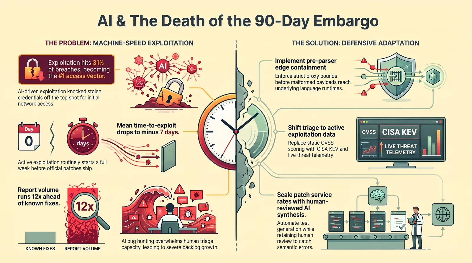 Infographic titled 'AI & The Death of the 90-Day Embargo,' split into two panels. Left, 'The problem: machine-speed exploitation': exploitation hits 31% of breaches, becoming the #1 access vector, knocking stolen credentials off the top spot for initial network access; mean time-to-exploit drops to minus 7 days, so active exploitation routinely starts a full week before official patches ship; report volume runs 12x ahead of known fixes; and AI bug hunting overwhelms human triage capacity, leading to severe backlog growth. Right, 'The solution: defensive adaptation': implement pre-parser edge containment, enforcing strict proxy bounds before malformed payloads reach underlying language runtimes; shift triage to active exploitation data, replacing static CVSS scoring with CISA KEV and live threat telemetry; scale patch service rates with human-reviewed AI synthesis; and automate test generation while retaining human review to catch semantic errors.